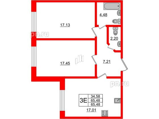 Апартаменты в ЖК Берег. Курортный, 2 комнатные, 65.48 м², 1 этаж