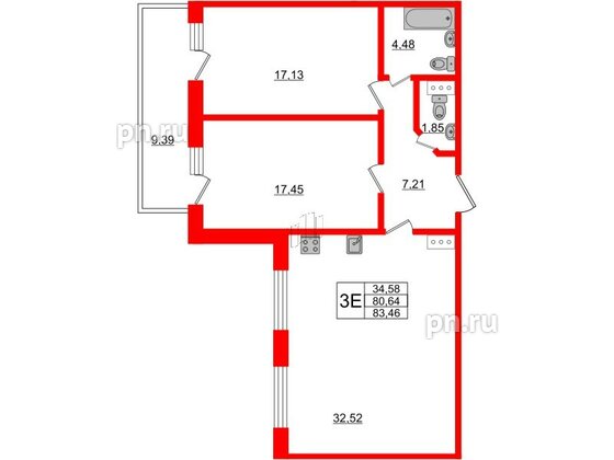 Апартаменты в ЖК Берег. Курортный, 2 комнатные, 83.46 м², 4 этаж