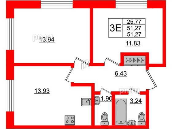 Апартаменты в ЖК Берег. Курортный, 2 комнатные, 51.27 м², 1 этаж