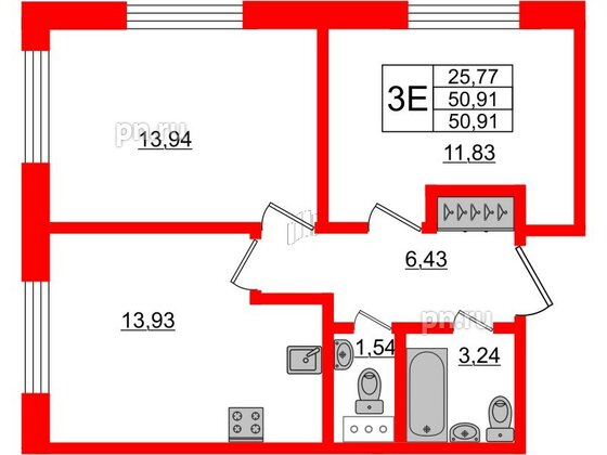 Апартаменты в ЖК Берег. Курортный, 2 комнатные, 50.91 м², 2 этаж