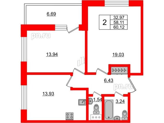 Апартаменты в ЖК Берег. Курортный, 2 комнатные, 60.12 м², 3 этаж