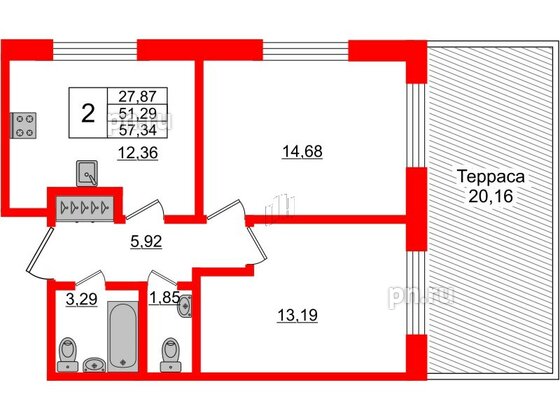 Апартаменты в ЖК Берег. Курортный, 2 комнатные, 57.34 м², 1 этаж