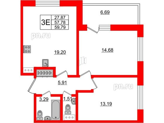 Апартаменты в ЖК Берег. Курортный, 2 комнатные, 59.79 м², 5 этаж