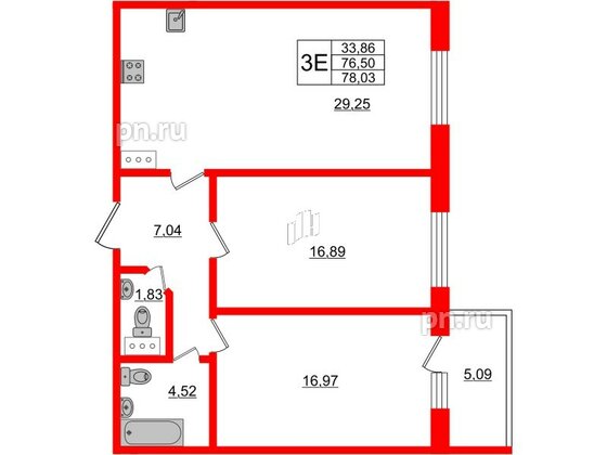 Апартаменты в ЖК Берег. Курортный, 2 комнатные, 78.03 м², 5 этаж