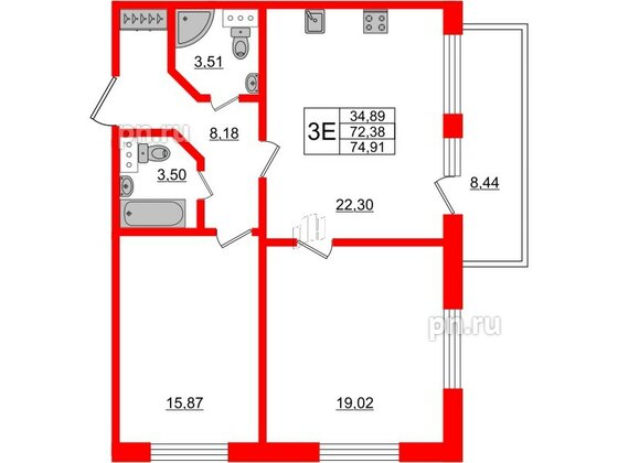 Апартаменты в ЖК Берег. Курортный, 2 комнатные, 74.91 м², 2 этаж