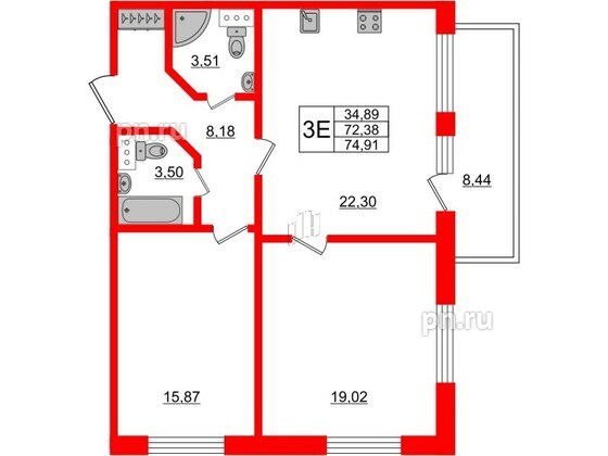 Апартаменты в ЖК Берег. Курортный, 2 комнатные, 74.91 м², 5 этаж