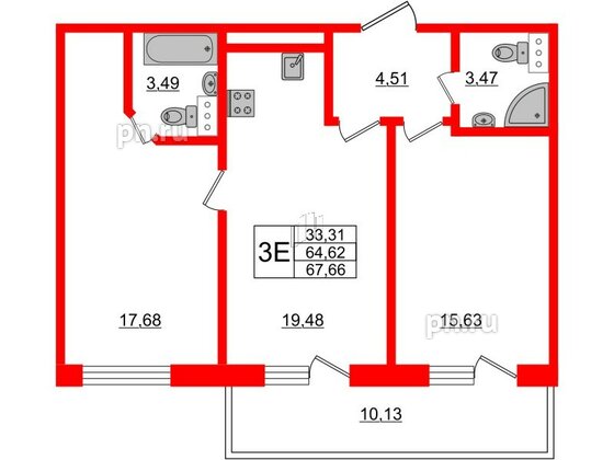 Апартаменты в ЖК Берег. Курортный, 2 комнатные, 67.66 м², 2 этаж