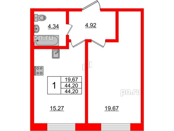 Апартаменты в ЖК Берег. Курортный, 1 комнатные, 44.2 м², 1 этаж