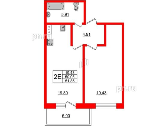 Апартаменты в ЖК Берег. Курортный, 1 комнатные, 51.85 м², 5 этаж