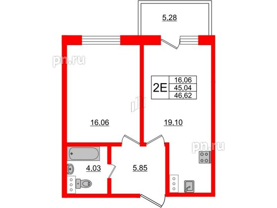 Апартаменты в ЖК Берег. Курортный, 1 комнатные, 46.62 м², 2 этаж