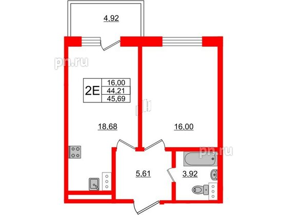 Апартаменты в ЖК Берег. Курортный, 1 комнатные, 45.69 м², 5 этаж