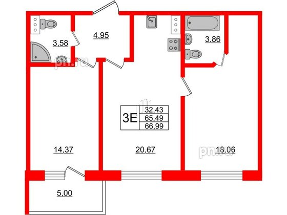 Апартаменты в ЖК Берег. Курортный, 2 комнатные, 66.99 м², 2 этаж