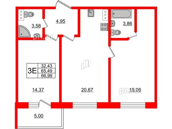 Апартаменты в ЖК Берег. Курортный, 2 комнатные, 66.99 м², 3 этаж