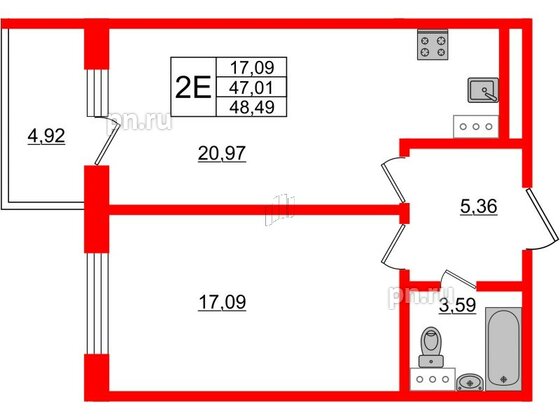 Апартаменты в ЖК Берег. Курортный, 1 комнатные, 48.49 м², 5 этаж