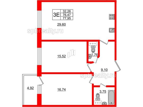 Апартаменты в ЖК Берег. Курортный, 2 комнатные, 77.95 м², 2 этаж