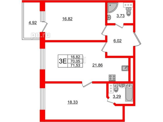 Апартаменты в ЖК Берег. Курортный, 2 комнатные, 71.53 м², 4 этаж