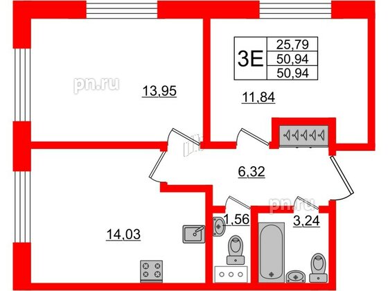 Апартаменты в ЖК Берег. Курортный, 2 комнатные, 50.94 м², 2 этаж