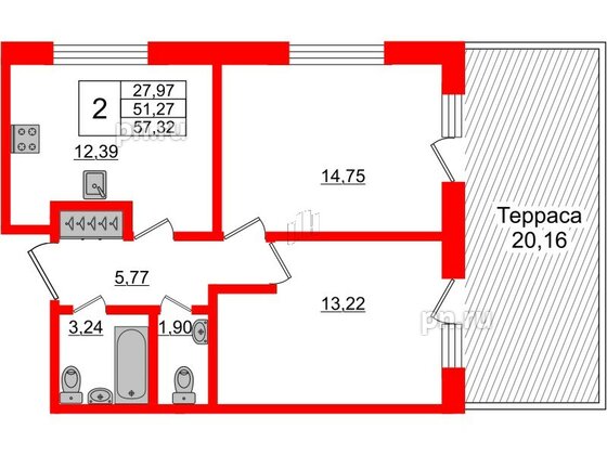 Апартаменты в ЖК Берег. Курортный, 2 комнатные, 57.32 м², 1 этаж