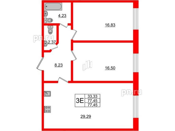 Апартаменты в ЖК Берег. Курортный, 2 комнатные, 77.45 м², 1 этаж