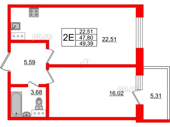 Апартаменты в ЖК Берег. Курортный, 1 комнатные, 49.39 м², 5 этаж