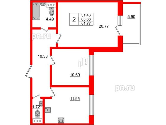 Апартаменты в ЖК Берег. Курортный, 2 комнатные, 61.77 м², 2 этаж