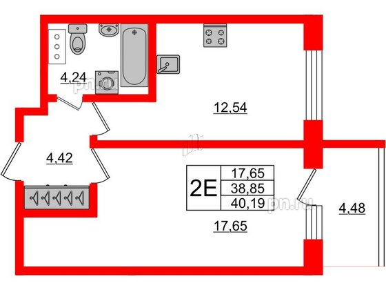 Апартаменты в ЖК Берег. Курортный, 1 комнатные, 40.19 м², 5 этаж