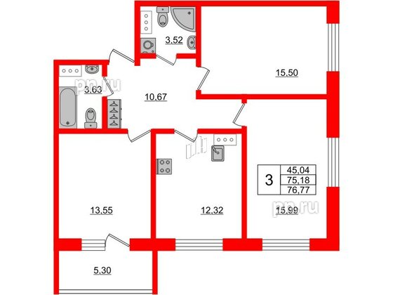 Апартаменты в ЖК Берег. Курортный, 3 комнатные, 76.77 м², 5 этаж