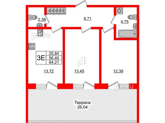 Апартаменты в ЖК Берег. Курортный, 2 комнатные, 64.2 м², 1 этаж