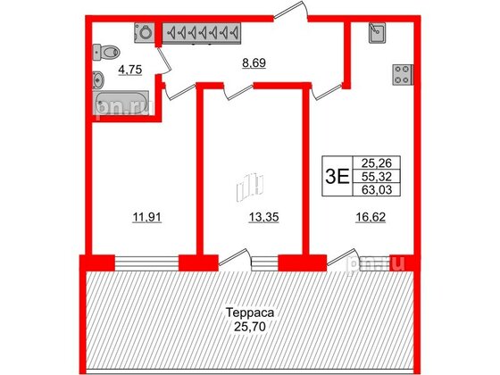 Апартаменты в ЖК Берег. Курортный, 2 комнатные, 63.03 м², 1 этаж