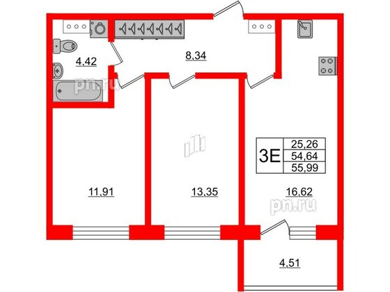 Апартаменты в ЖК Берег. Курортный, 2 комнатные, 55.99 м², 5 этаж