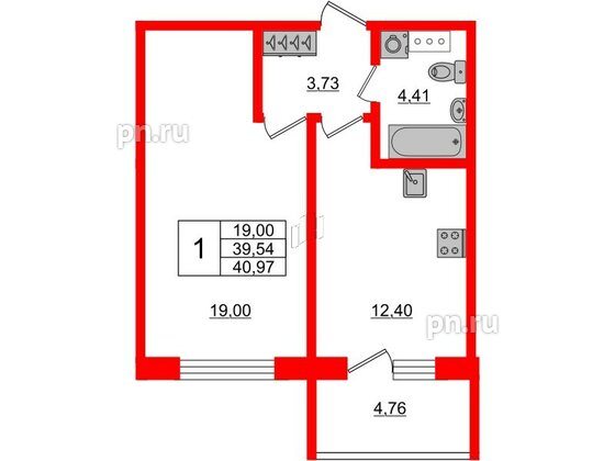 Апартаменты в ЖК Берег. Курортный, 1 комнатные, 40.97 м², 2 этаж