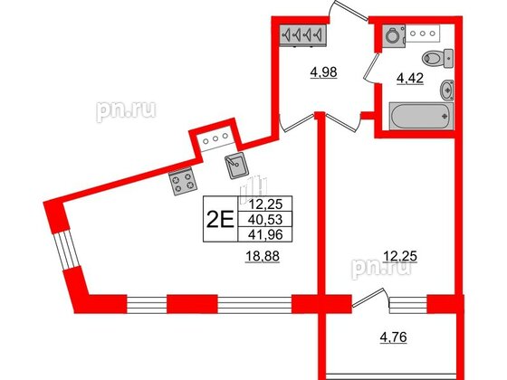 Апартаменты в ЖК Берег. Курортный, 1 комнатные, 41.96 м², 5 этаж