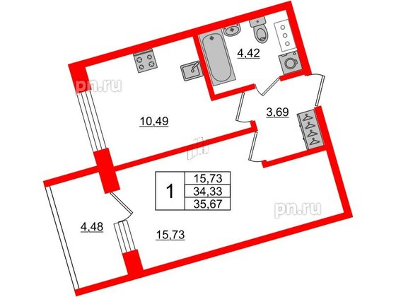 Апартаменты в ЖК Берег. Курортный, 1 комнатные, 35.67 м², 5 этаж