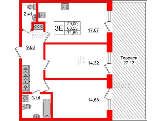 Апартаменты в ЖК Берег. Курортный, 2 комнатные, 71.69 м², 1 этаж