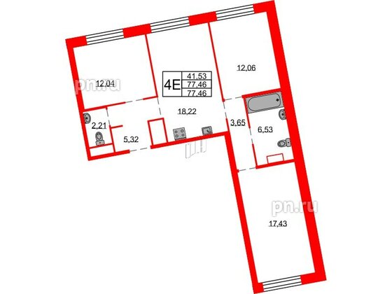 Квартира в ЖК Северная корона, 3 комнатная, 77.46 м², 3 этаж