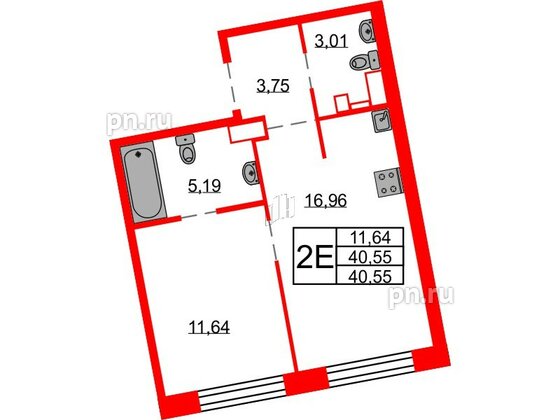 Квартира в ЖК Северная корона, 1 комнатная, 40.55 м², 6 этаж