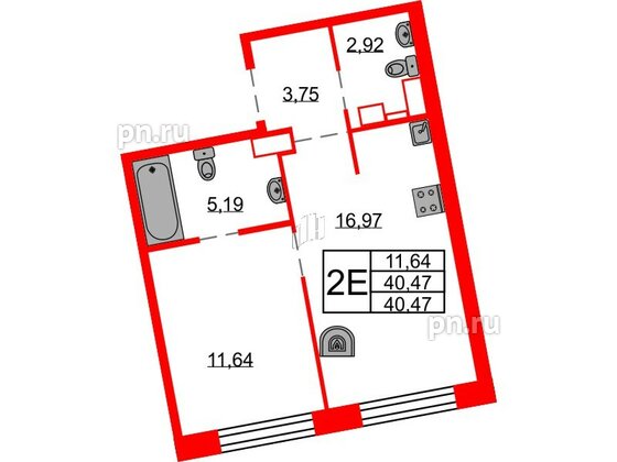 Квартира в ЖК Северная корона, 1 комнатная, 40.47 м², 8 этаж