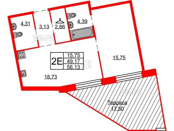 Квартира в ЖК Северная корона, 1 комнатная, 54.42 м², 2 этаж