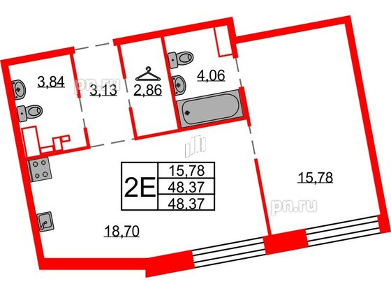 Квартира в ЖК Северная корона, 1 комнатная, 48.37 м², 5 этаж