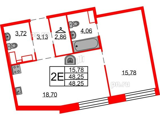 Квартира в ЖК Северная корона, 1 комнатная, 48.25 м², 8 этаж