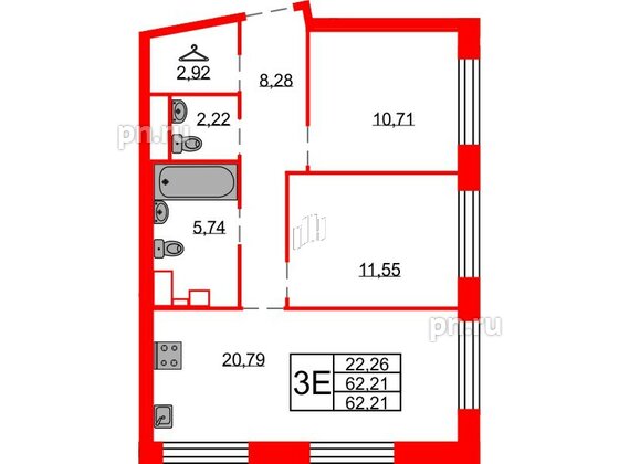 Квартира в ЖК Северная корона, 2 комнатная, 62.21 м², 6 этаж