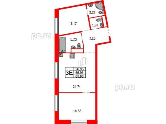 Квартира в ЖК Северная корона, 2 комнатная, 65.96 м², 3 этаж