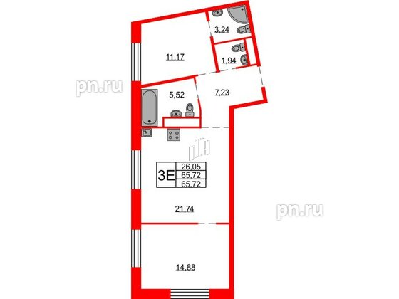 Квартира в ЖК Северная корона, 2 комнатная, 65.72 м², 6 этаж