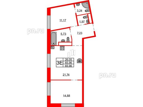 Квартира в ЖК Северная корона, 2 комнатная, 65.96 м², 8 этаж