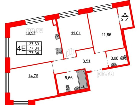 Квартира в ЖК Северная корона, 3 комнатная, 77.34 м², 2 этаж