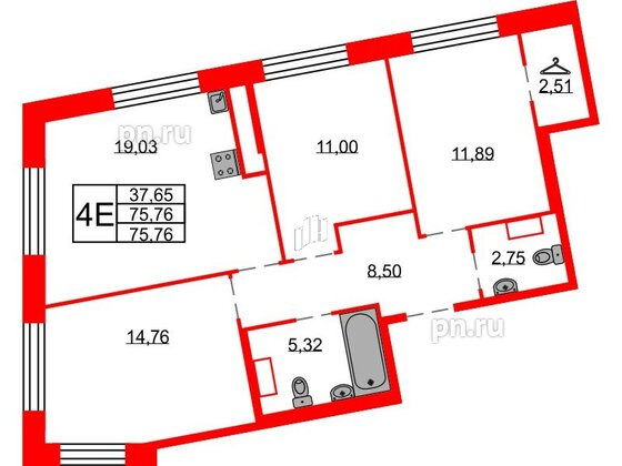 Квартира в ЖК Северная корона, 3 комнатная, 75.76 м², 6 этаж