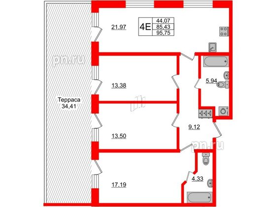 Апартаменты в ЖК Берег. Курортный, 3 комнатные, 95.75 м², 1 этаж