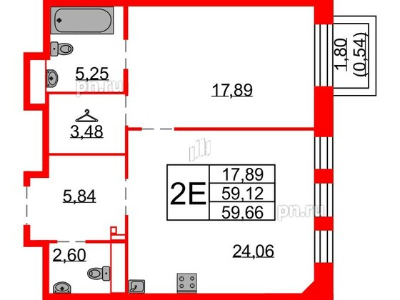 Квартира в ЖК Северная корона, 1 комнатная, 59.66 м², 7 этаж