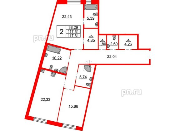 Квартира в ЖК Северная корона, 2 комнатная, 117.61 м², 2 этаж