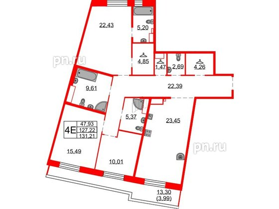 Квартира в ЖК Северная корона, 3 комнатная, 131.21 м², 7 этаж